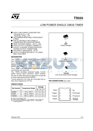 TS555I datasheet - LOW POWER SINGLE CMOS TIMER