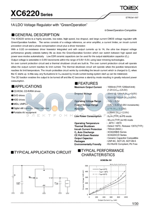 XC6220A08BMR datasheet - 1A LDO Voltage Regulator with GreenOperation