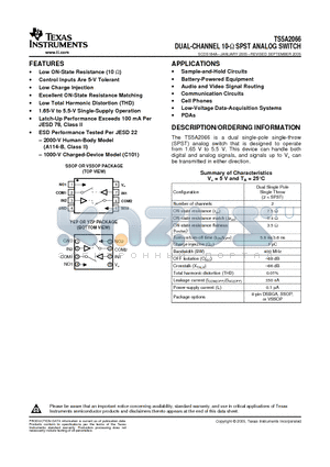 TS5A2066DCUR datasheet - DUAL-CHANNEL 10-W SPST ANALOG SWITCH
