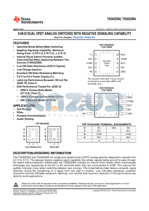 TS5A22362YZPR datasheet - 0.65-Y DUAL SPDT ANALOG SWITCHES WITH NEGATIVE SIGNALING CAPABILITY