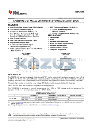 TS5A21366 datasheet - 0.75-Y DUAL SPST ANALOG SWITCH WITH 1.8-V COMPATIBLE INPUT LOGIC