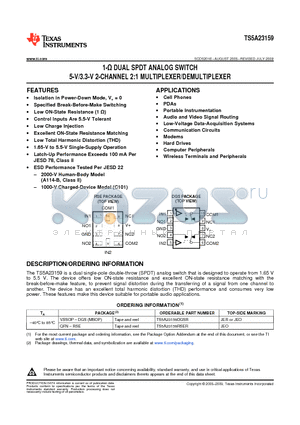 TS5A23159DGSR datasheet - 1-Y DUAL SPDT ANALOG SWITCH 5-V/3.3-V 2-CHANNEL 2:1 MULTIPLEXER/DEMULTIPLEXER