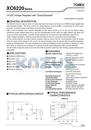 XC6220D30BMR-G datasheet - 1A LDO Voltage Regulator with GreenOperation