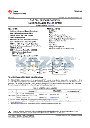 TS5A23166DCUR datasheet - 0.9-Y DUAL SPST ANALOG SWITCH 5-V/3.3-V 2-CHANNEL ANALOG SWITCH