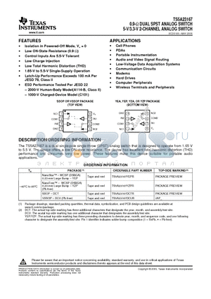 TS5A23167 datasheet - 0.9-W DUAL SPST ANALOG SWITCH 5-V/3.3-V 2-CHANNEL ANALOG SWITCH