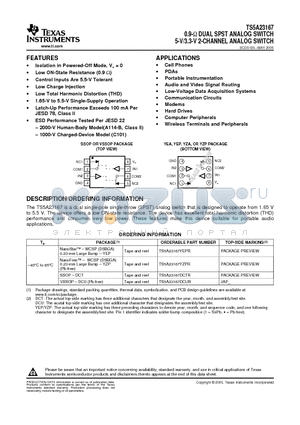 TS5A23167YEPR datasheet - 0.9-W DUAL SPST ANALOG SWITCH 5-V/3.3-V 2-CHANNEL ANALOG SWITCH