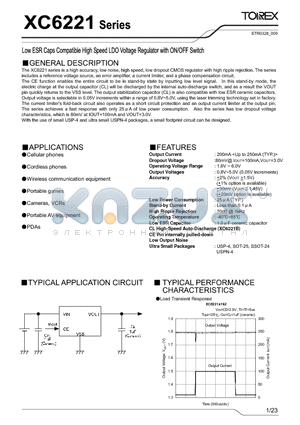 XC6221A08AGR datasheet - Low ESR Caps Compatible High Speed LDO Voltage Regulators with ON/OFF Switch