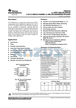 TS5A3153YEAR datasheet - 1-ohm SPDT ANALOG SWITCH 5-V/3.3-V SINGLE-CHANNEL 2:1 MULTIPLEXER/DEMULTIPLEXER