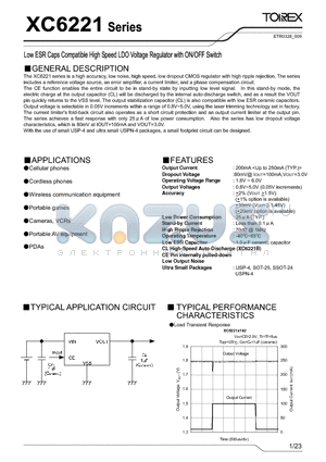 XC6221A30AMR-G datasheet - Low ESR Caps Compatible High Speed LDO Voltage Regulators with ON/OFF Switch