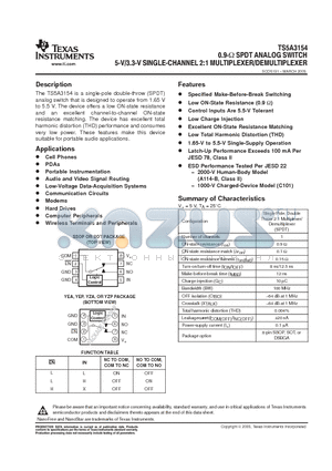 TS5A3154YEAR datasheet - 0.9-W SPDT ANALOG SWITCH 5-V/3.3-V SINGLE-CHANNEL 2:1 MULTIPLEXER/DEMULTIPLEXER