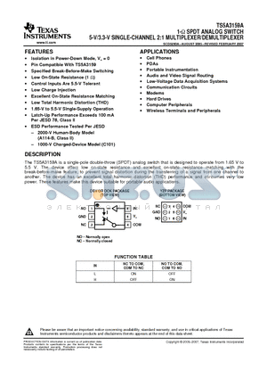 TS5A3159ADBVRE4 datasheet - 1-ohm SPDT ANALOG SWITCH 5-V/3.3-V SINGLE-CHANNEL 2:1 MULTIPLEXER/DEMULTIPLEXER