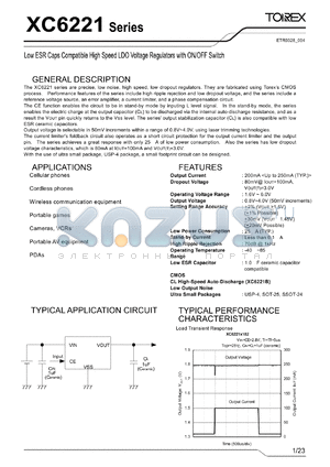 XC6221B datasheet - Low ESR Caps Compatible High Speed LDO Voltage Regulators with ON/OFF Switch