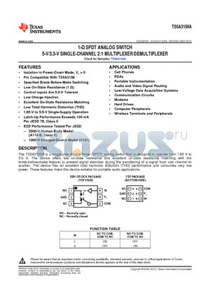 TS5A3159AYZPR datasheet - 1-Y SPDT ANALOG SWITCH 5-V/3.3-V SINGLE-CHANNEL 2:1 MULTIPLEXER/DEMULTIPLEXER