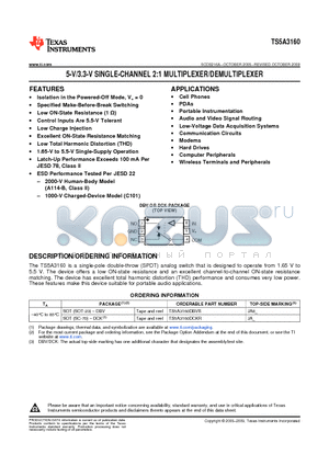 TS5A3160DCKRE4 datasheet - 5-V/3.3-V SINGLE-CHANNEL 2:1 MULTIPLEXER/DEMULTIPLEXER