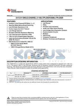 TS5A3160DCKRG4 datasheet - 5-V/3.3-V SINGLE-CHANNEL 2:1 MULTIPLEXER/DEMULTIPLEXER