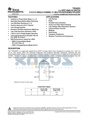 TS5A4624 datasheet - 1-W SPDT ANALOG SWITCH 5-V/3.3-V SINGLE-CHANNEL 2:1 MULTIPLEXER/DEMULTIPLEXER