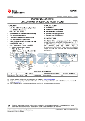 TS5A9411DCKTG4 datasheet - 10-Y SPDT ANALOG SWITCH SINGLE-CHANNEL 2:1 MULTIPLEXER/DEMULTIPLEXER