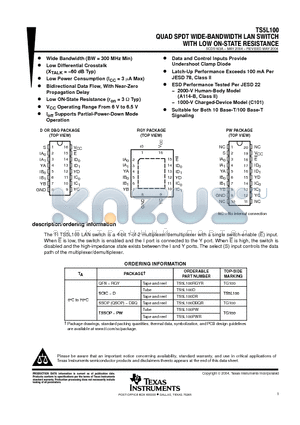 TS5L100DR datasheet - QUAD SPDT WIDE-BANDWIDTH LAN SWITCH WITH LOW ON-STATE RESISTANCE