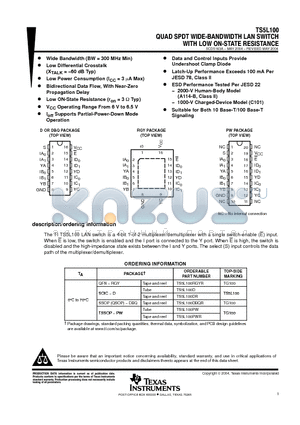 TS5L100DBQRG4 datasheet - QUAD SPDT WIDE-BANDWIDTH LAN SWITCH WITH LOW ON-STATE RESISTANCE