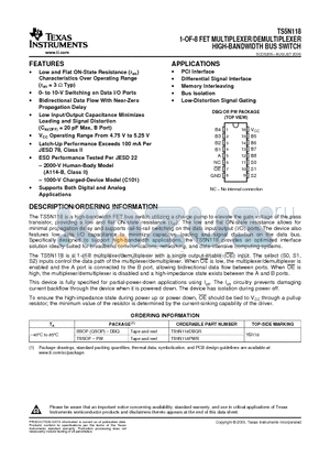 TS5N118 datasheet - 1-OF-8 FET MULTIPLEXER/DEMULTIPLEXER HIGH-BANDWIDTH BUS SWITCH