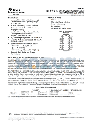 TS5N412PWG4 datasheet - 4-BIT 1-OF-2 FET MULTIPLEXER/DEMULTIPLEXER HIGH-BANDWIDTH BUS SWITCH