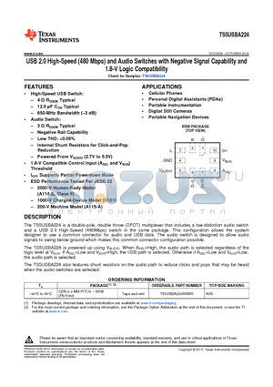 TS5USBA224 datasheet - USB 2.0 High-Speed (480 Mbps) and Audio Switches with Negative Signal Capability and 1.8-V Logic Compatibility