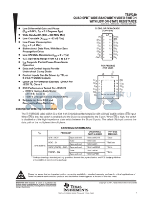 TS5V330DBQR datasheet - QUAD SPDT WIDE BANDWIDTH VIDEO SWITCH WITH LOW ON STATE RESISTANCE