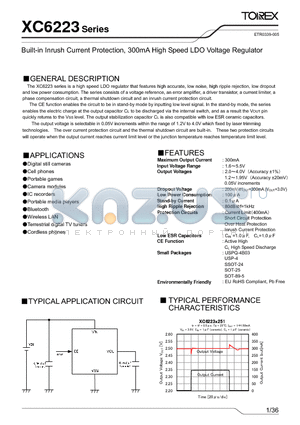 XC6223A401GR-G datasheet - Built-in Inrush Current Protection, 300mA High Speed LDO Voltage Regulator