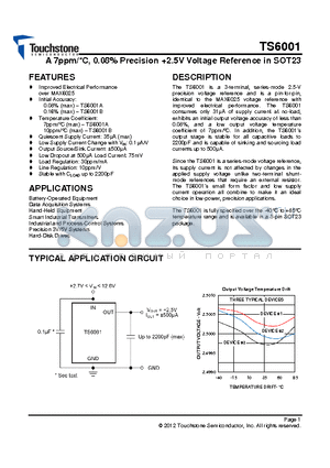 TS6001A datasheet - A 7ppm/ oC, 0.08 o/o Precision 2.5V Voltage Reference in SOT23