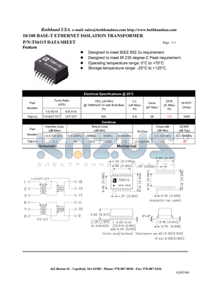 TS6115 datasheet - 10/100 BASE-T ETHERNET ISOLATION TRANSFORMER