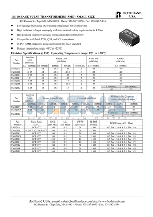 TS6121B datasheet - 10/100 BASE PULSE TRANSFORMERS (SMD) SMALL SIZE
