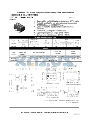 TS6121E datasheet - 10/100 BASE-T TRANSFORMER