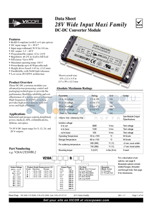 V28A24C200BN3 datasheet - 28V Wide Input Maxi Family DC-DC Converter Module