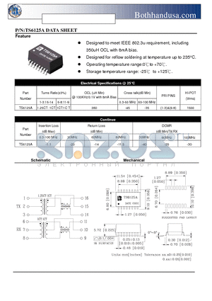 TS6125A datasheet - 10/100 BASE-T SINGLE PORT SURFACE MOUNT MAGNETICS