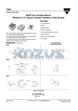 TS63Y504KR10TR500 datasheet - Multi-Turn Surface Mount Miniature 1/4 Square Cermet Trimmers, Fully Sealed