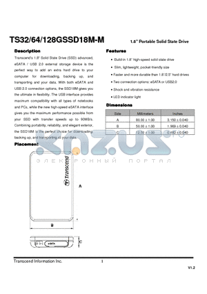 TS64GSSD18M-M datasheet - 1.8 Portable Solid State Drive