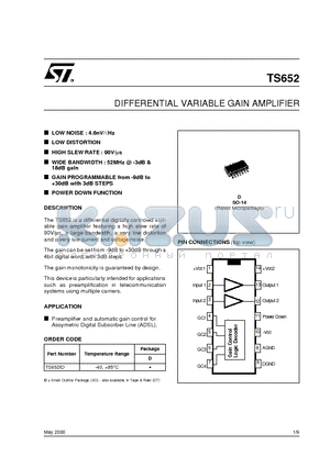 TS652 datasheet - DIFFERENTIAL VARIABLE GAIN AMPLIFIER