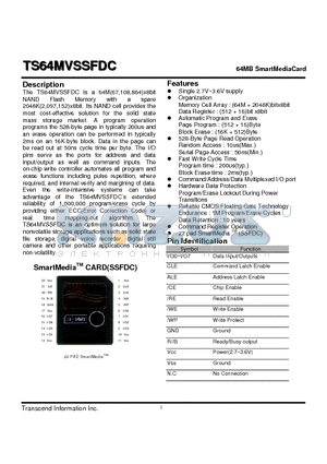 TS64MVSSFDC datasheet - 64MB SmartMediaCard