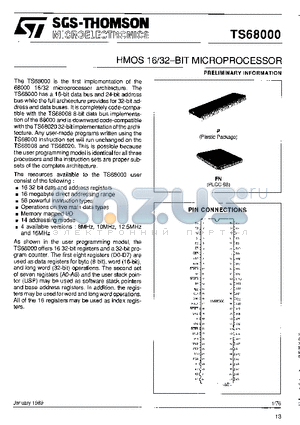 TS68000CFN10 datasheet - HMOS 16/32-BIT MICROPROCESSOR