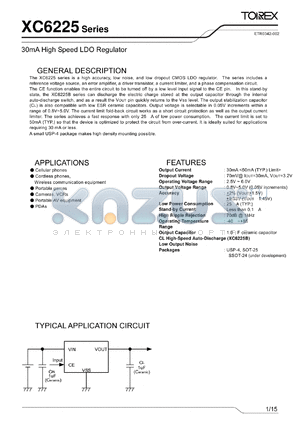 XC6225A10ANR-G datasheet - 30mA High Speed LDO Regulator