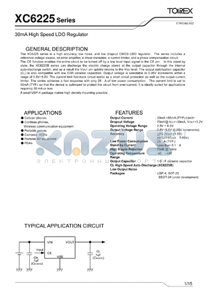 XC6225A19AMR-G datasheet - 30mA High Speed LDO Regulator