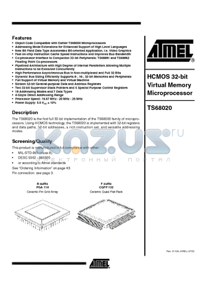 TS68020VF1B/C20 datasheet - HCMOS 32-bit Virtual Memory Microprocessor