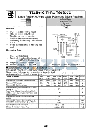 TS6B06G datasheet - Single Phase 6.0 Amps. Glass Passivated Bridge Rectifiers