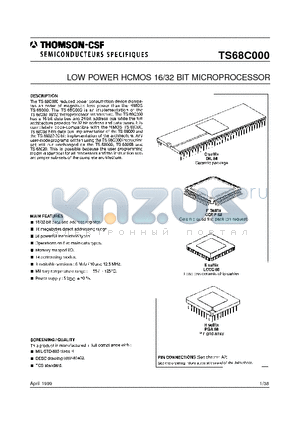 TS68C000 datasheet - LOW POWER HCMOS 16/32 BIT MICROPROCESSOR