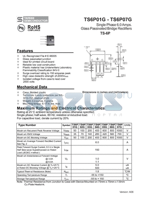 TS6P02G datasheet - Single Phase 6.0 Amps. Glass Passivated Bridge Rectifiers