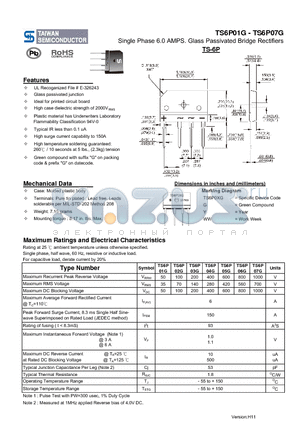 TS6P04G datasheet - Single Phase 6.0 AMPS. Glass Passivated Bridge Rectifiers