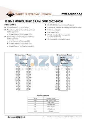 WMS128K8L-15FEC datasheet - 128Kx8 MONOLITHIC SRAM, SMD 5962-96691