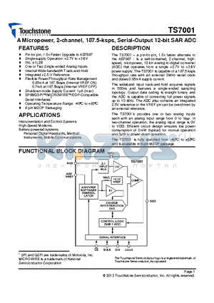 TS7001 datasheet - A Micropower, 2-channel, 187.5-ksps, Serial-Output 12-bit SAR ADC
