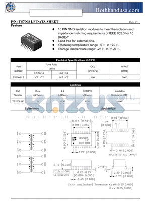 TS7008LF datasheet - 10 BASE-T SMD TRANSFORMER