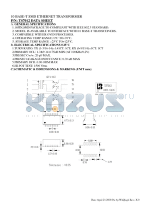 TS7012 datasheet - 10 BASE-T SMD ETHERNET TRANSFORMER